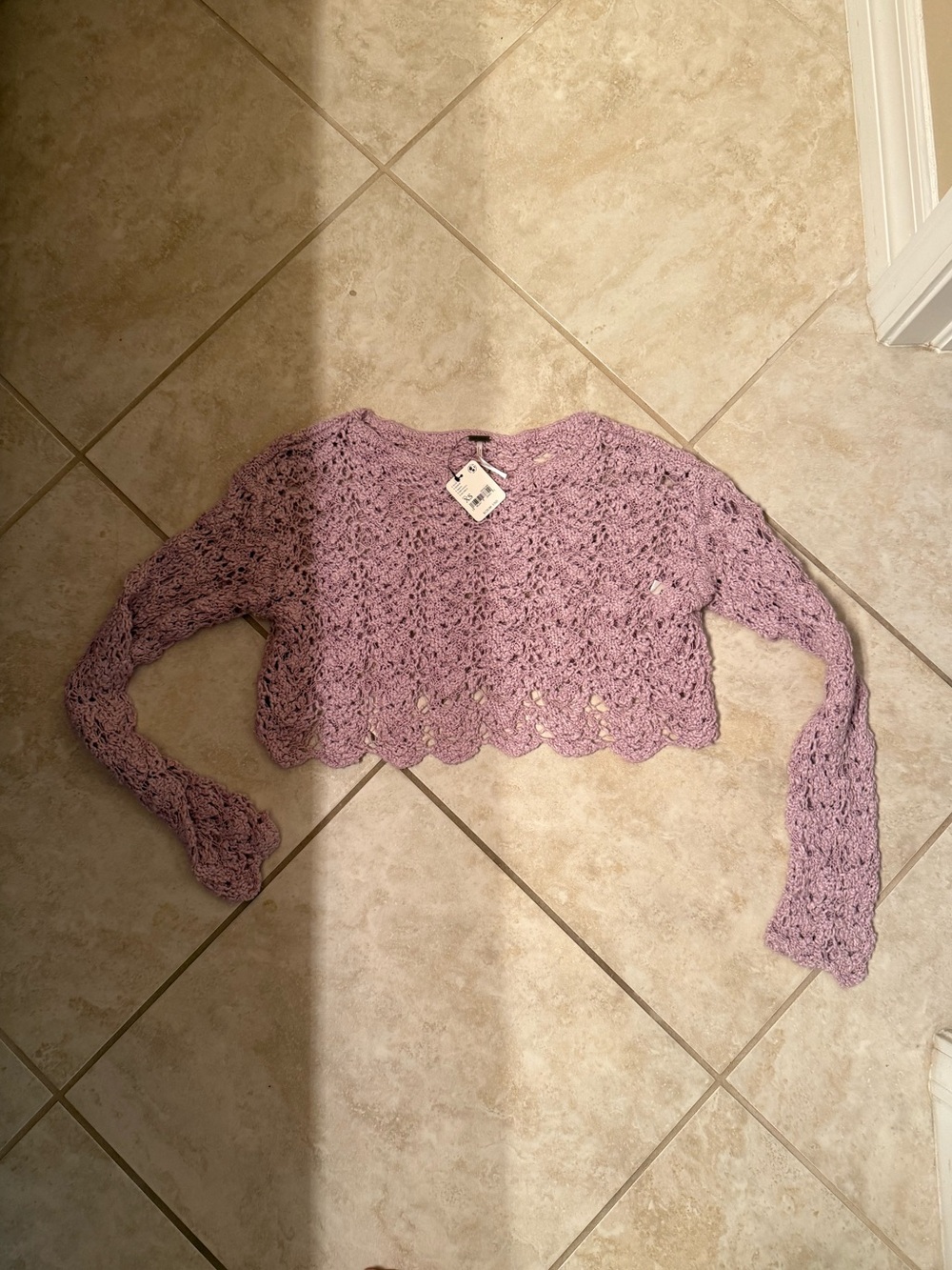 Free People Dani pullover cropped Crochet Sweater lilac fog / mauve purple sz XS